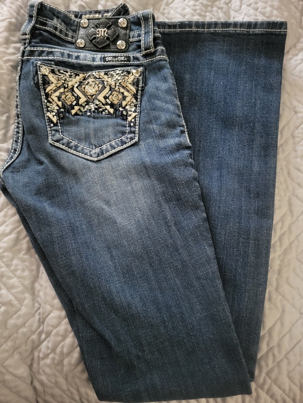 Miss Me Dark Blue Bootcut Jeans with Embellished Back Pocket